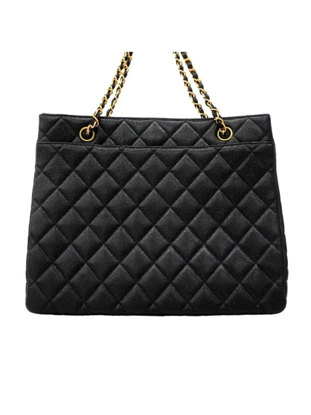 Chanel Chain Tote Bag Quilted Caviar Leather Black Gold